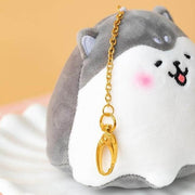 gray cute chonky kawaii round shiba inu pudding dessert soft plushie keyring with gold metal carabiner clip