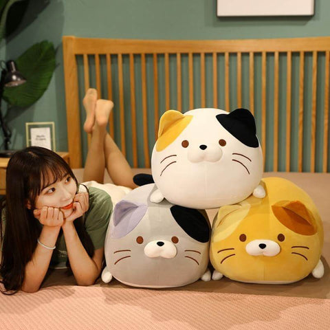 young woman cuddling cute kawaii chonky squishy soft kitty cat plushies