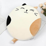 cute kawaii chonky round cat plush pillow cushion with tail and white fur with calico spots