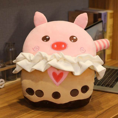 cute kawaii chonky pink pig bubble tea pillow and hand warmer