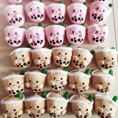 cute kawaii chonky pink and brown bubble tea boba plush keyrings