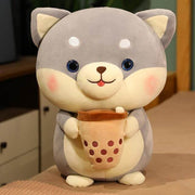 gray cute kawaii chonky shiba inu dog plushie with bubble tea