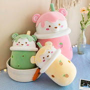 pink, yellow, and green cute kawaii chonky bear bubble tea boba plushies