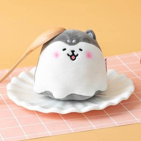 Delicious gray cute chonky kawaii round shiba inu pudding dessert soft plushie keyring with spoon