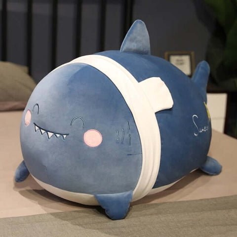 cute kawaii chonky blue black shark plushie with white scarf