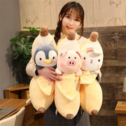 young woman playing with cute kawaii chonky banana animal plushies
