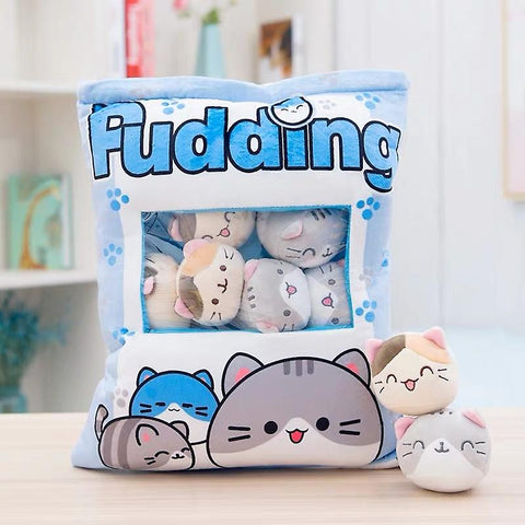 cute kawaii chonky bag of mini squishy pudding gray and brown cat plushie balls
