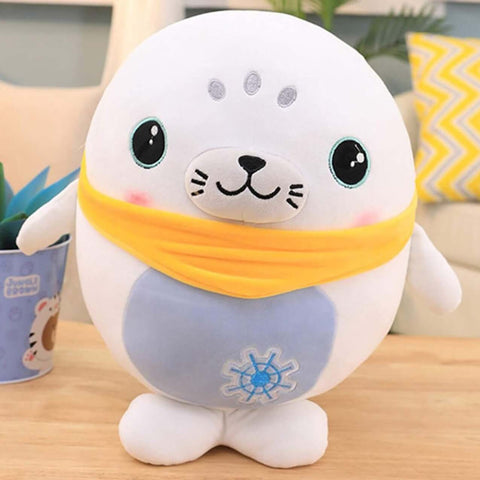 cute kawaii chonky soft squishy white seal plushie with yellow bandana