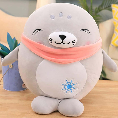 cute kawaii chonky soft squishy gray seal plushie with pink bandana