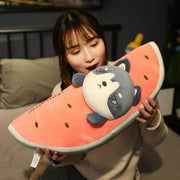 young woman cuddling big and small cute kawaii chonky fluffy squishy soft watermelon fruit animal husky dog plushie pillow