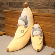 big  and small cute kawaii chonky banana gray cat plushies lying in bed