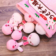 cute kawaii chonky bag of removable mini squishy pudding pink and white bunny rabbit plushie balls