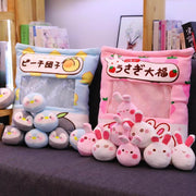 cute kawaii chonky bags of mini squishy pudding gray and blue penguin and white and pink bunny rabbit plushie balls