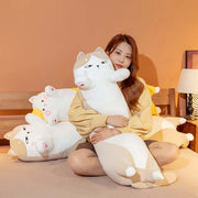 young woman cuddling with big and long brown chonky cute kawaii cat plush dakimakura body pillow in bed