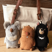 cute kawaii chonky koala, wombat and Tasmanian devil plush keyrings on bag