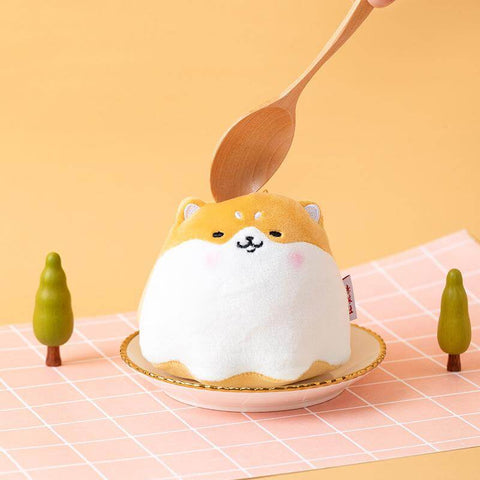 Delicious orange cute chonky kawaii round shiba inu pudding dessert soft plushie keyring with spoon