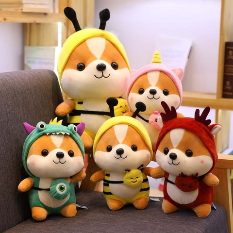 cute kawaii chonky fluffy corgi dog plushies in animal costumes