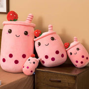 big and small pink strawberry cute kawaii chonky bubble tea boba plushies with toppings