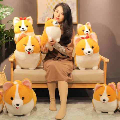 young woman playing with cute kawaii chonky fluffy orange corgi dog plushie family
