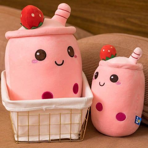 big and small pink strawberry cute kawaii chonky bubble tea boba plushies with toppings