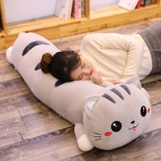 young woman sleeping on cute kawaii chonky long XXL striped gray kitty cat dakimakura body pillow for hugging