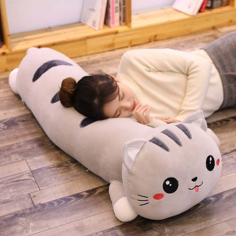 young woman sleeping on cute kawaii chonky long XXL striped gray kitty cat dakimakura body pillow for hugging