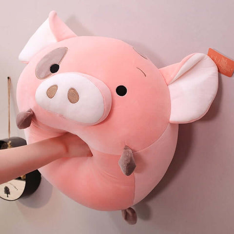 young woman hugging cute kawaii chonky soft squishy round mochi pink pig plushie