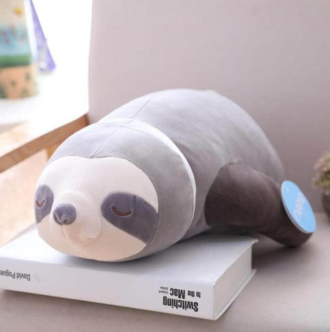 sleepy cute kawaii chonky gray sloth plushie lying down