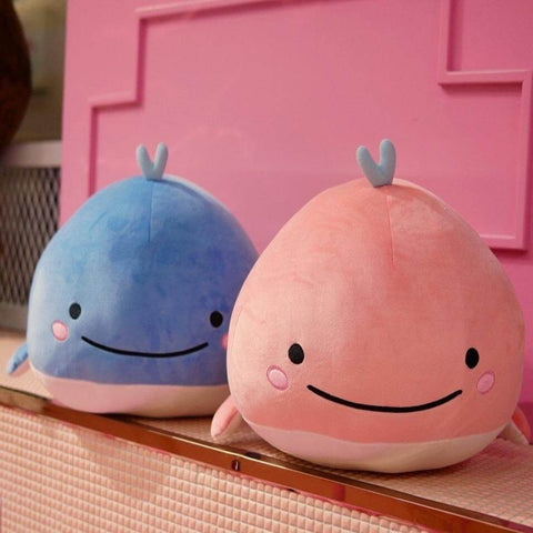 pink and blue cute kawaii chonky squishy round soft mochi whale plushies