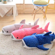 big huge XXL dark blue, pink, and gray whale shark plushie pillows with open mouth