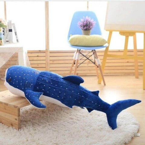 big huge XXL dark blue whale shark plushie pillows with open mouth