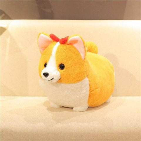 cute kawaii chonky fluffy orange corgi dog plushie with red bow