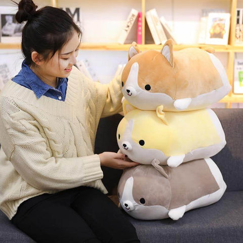 young woman playing with cute kawaii chonky squishy yellow, gray, and brown corgi dog plushie