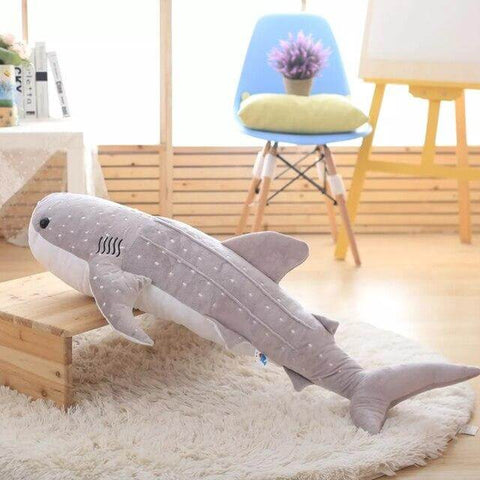 big huge XXL gray whale shark plushie pillows with open mouth