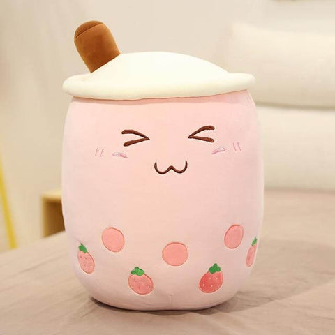 cute kawaii chonky pink strawberry fruit bubble tea boba plushie