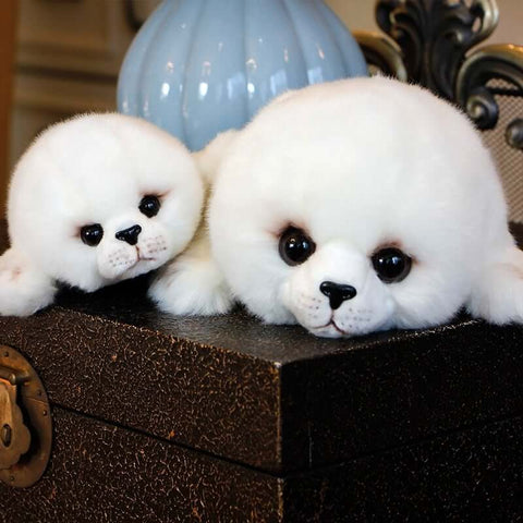 fluffy cute kawaii chonky white seal plushies with realistic baby harp seal design