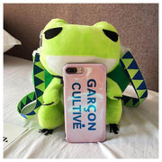 smartphone in front of cute kawaii chonky green frog bag