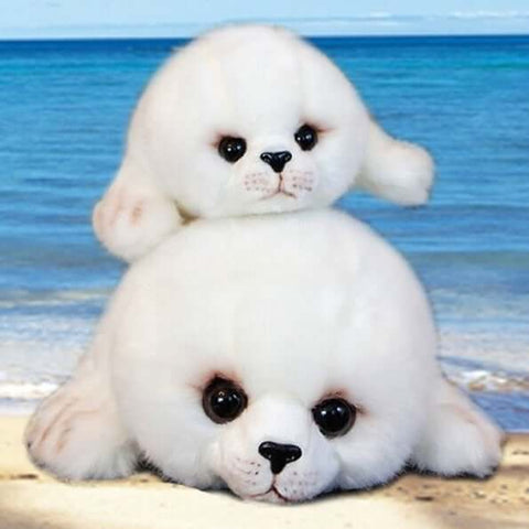 fluffy cute kawaii chonky white seal plushies with realistic baby harp seal design