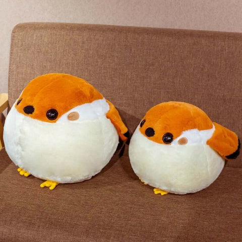 big and small cute kawaii chonky round borb birb bird plushie with brown, white, and black wings