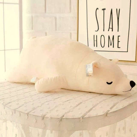 white sleepy cute kawaii chonky polar bear plushie lying down