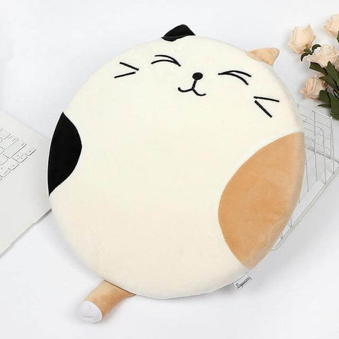 cute kawaii chonky round cat plush pillow cushion with tail and white fur with calico spots