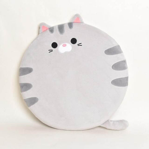 cute kawaii chonky round cat plush pillow cushion with tail and gray fur with stripes