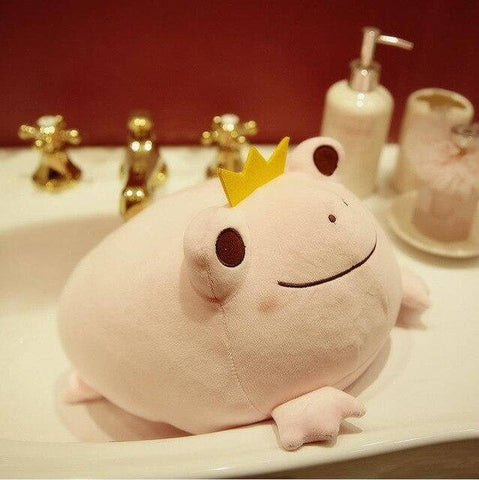 pink cute kawaii chonky frog plushie with gold crown