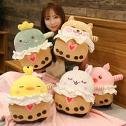 young woman with cute kawaii chonky animal bubble tea pillows