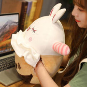 young woman cuddling cute kawaii chonky bunny bubble tea pillow