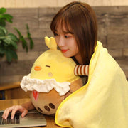 young woman cuddling cute kawaii chonky chicken bubble tea pillow