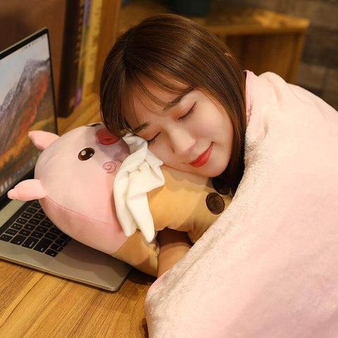 young woman sleeping on cute kawaii chonky pig bubble tea pillow