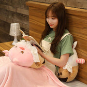 young woman cuddling cute kawaii chonky pig bubble tea pillow