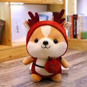 cute kawaii chonky fluffy corgi dog plushie in red reindeer costume