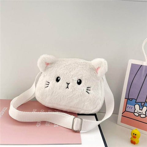 white cute kawaii chonky fluffy small mini kitty cat handbag bag with ears and shoulder strap